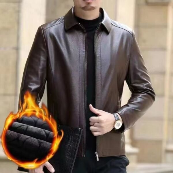 Leather Jacket For Middle-aged Men Leather Clothing With Stand Collar Men Fleece-lined - Image 9