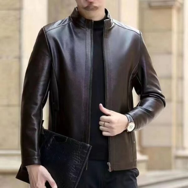 Leather Jacket For Middle-aged Men Leather Clothing With Stand Collar Men Fleece-lined - Image 8