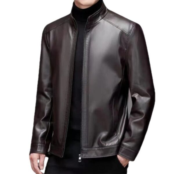 Leather Jacket For Middle-aged Men Leather Clothing With Stand Collar Men Fleece-lined - Image 4